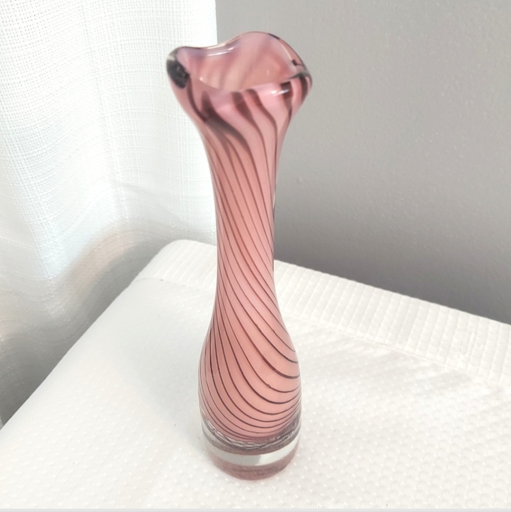 String Swirl Glass Bud Vase Handblown Flower Container Polished Concave Bottom